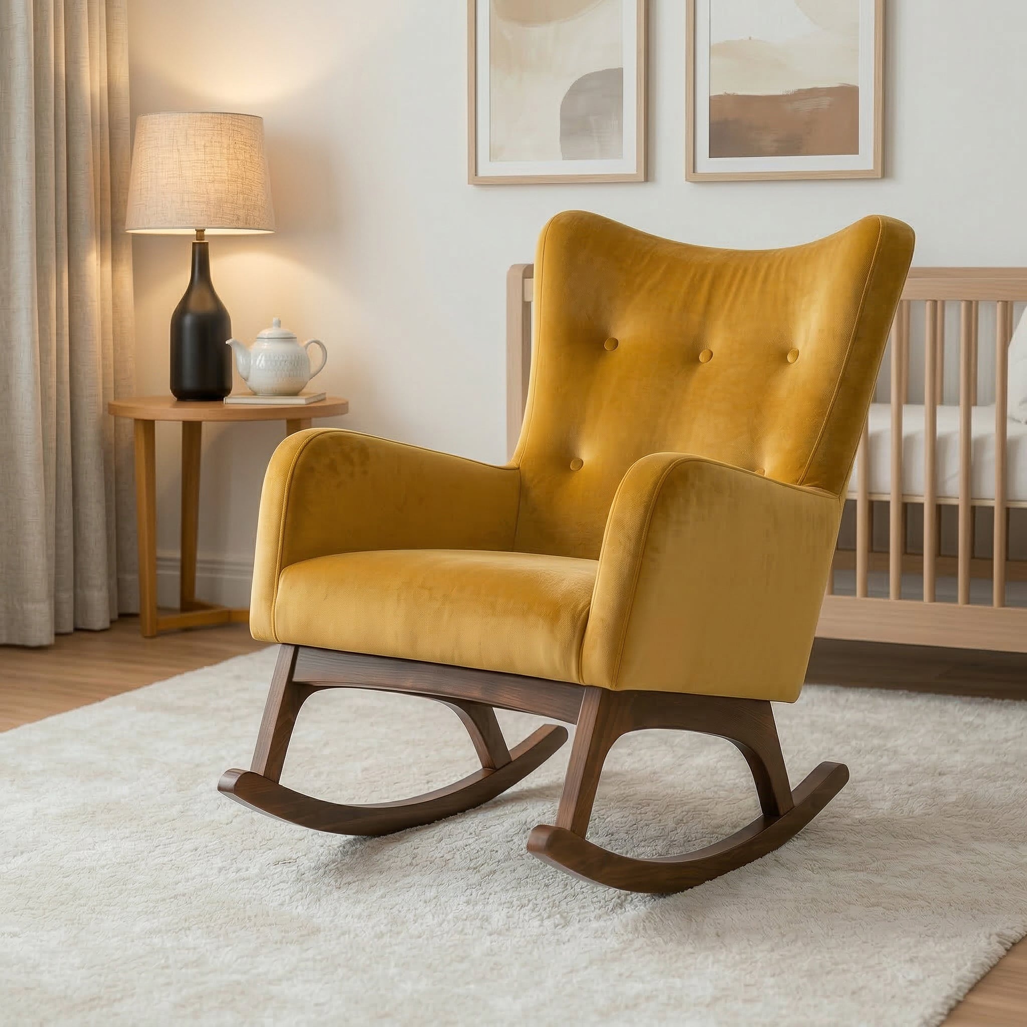 Charlotte Rocking Chair | Yellow Velvet & Walnut-Finished Rockers | MidinMod
