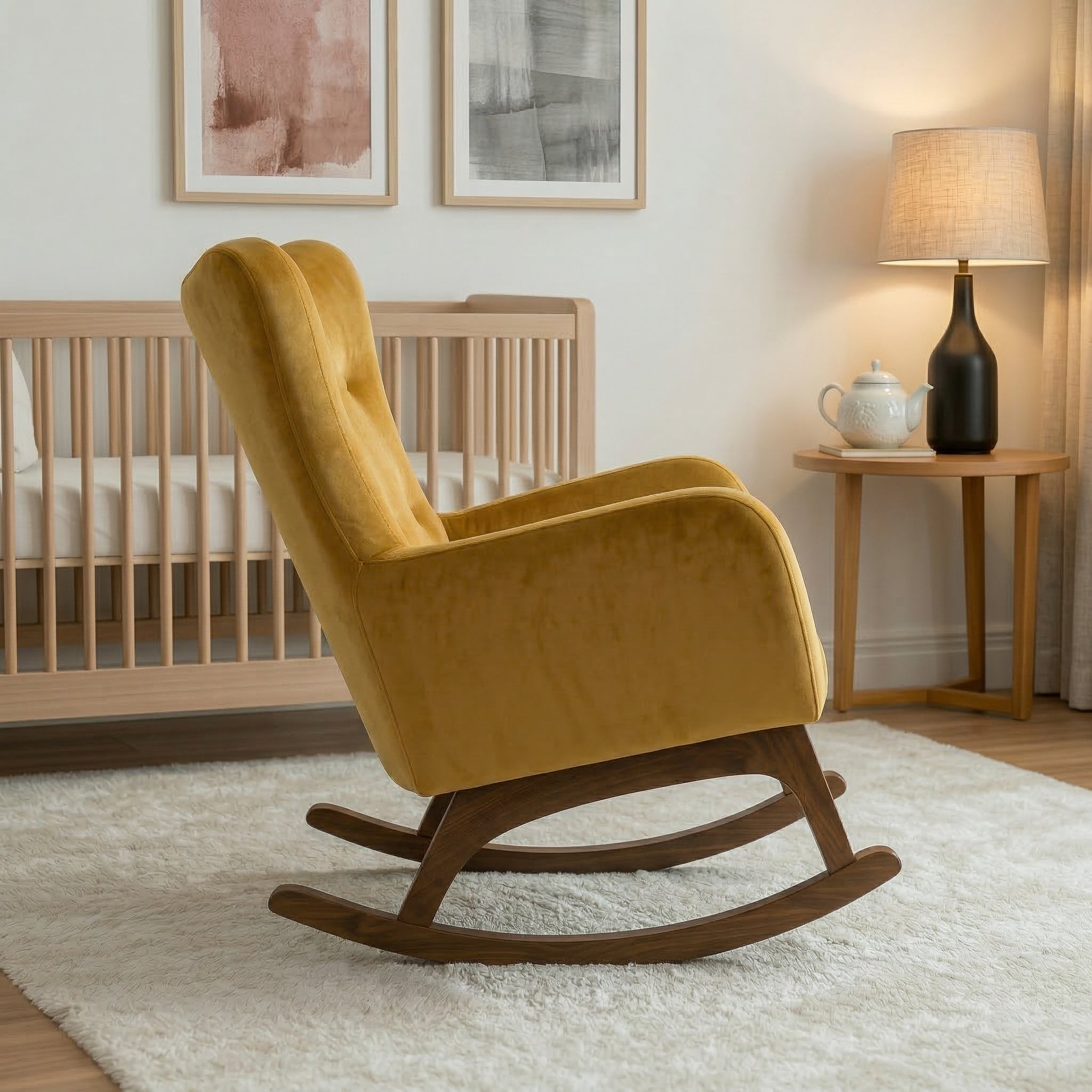 Charlotte Rocking Chair | Yellow Velvet & Walnut-Finished Rockers | MidinMod