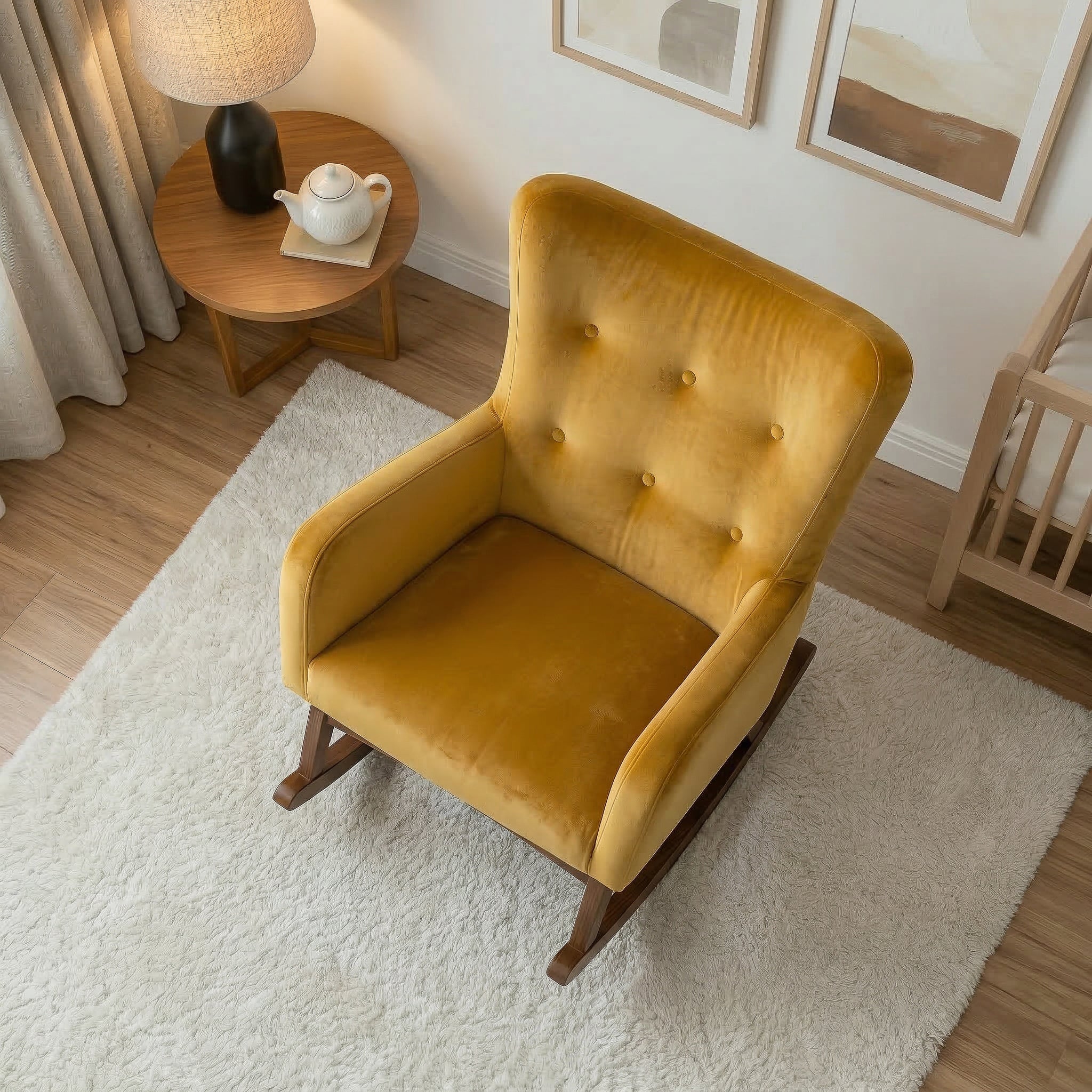 Charlotte Rocking Chair | Yellow Velvet & Walnut-Finished Rockers | MidinMod