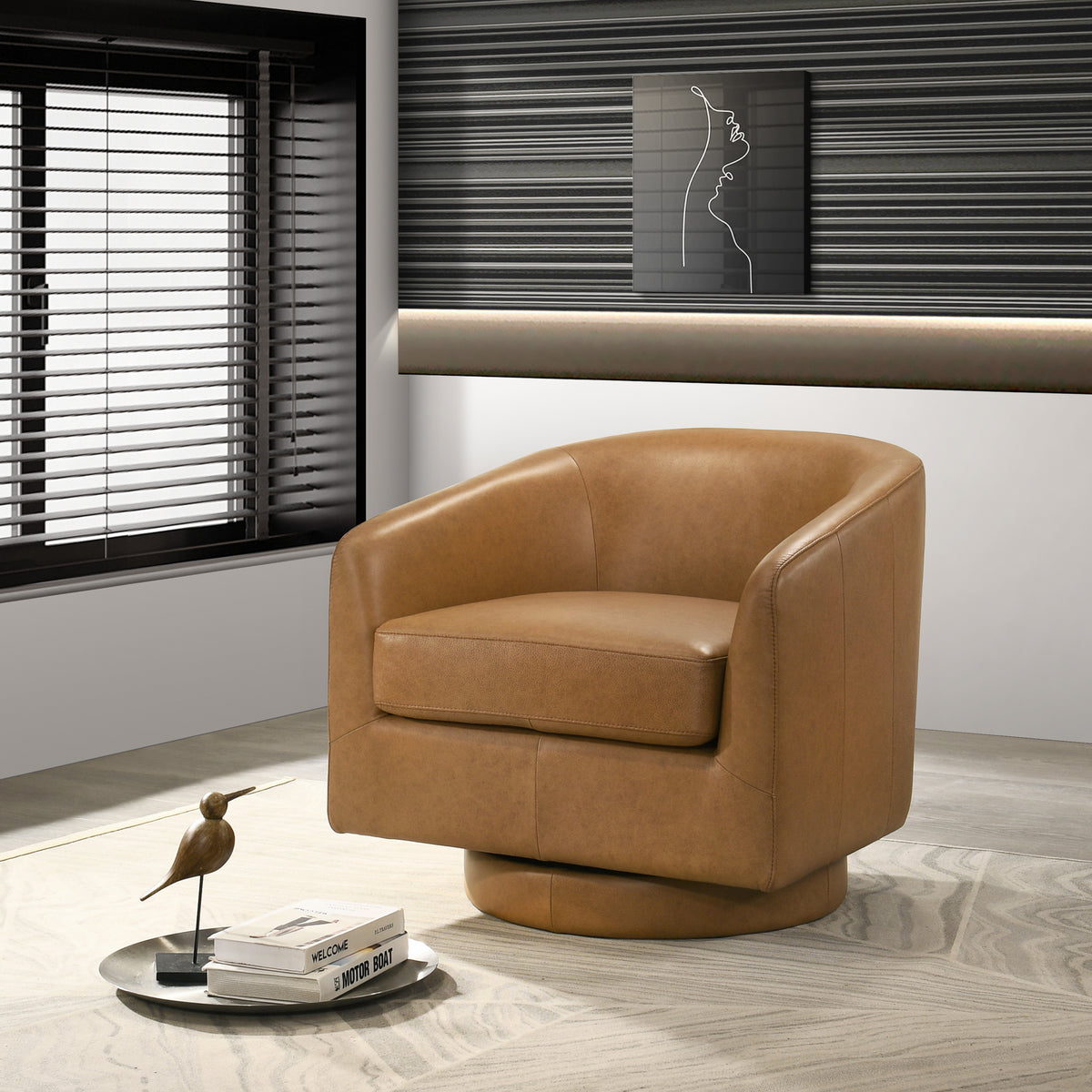 Ciro Mid-Century Modern Tan Leather Swivel Chair | MidinMod