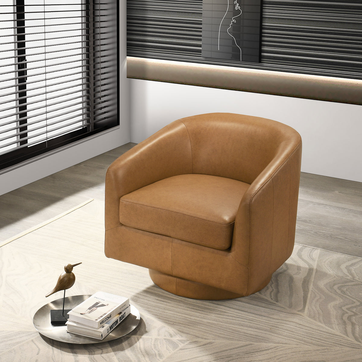 Ciro Mid-Century Modern Tan Leather Swivel Chair | MidinMod