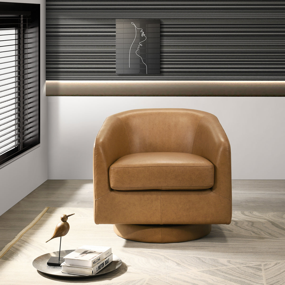 Ciro Mid-Century Modern Tan Leather Swivel Chair | MidinMod