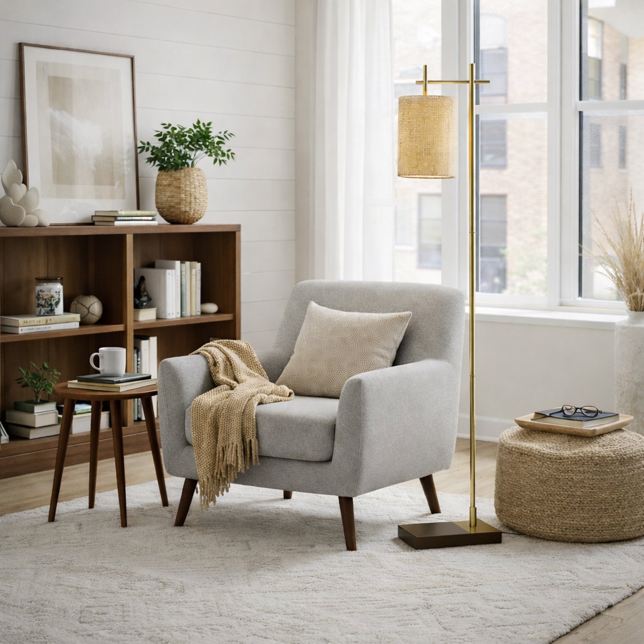 Comet 60" Bamboo Floor Lamp in Dark Brown Rubberwood and Bronze | MidinMod