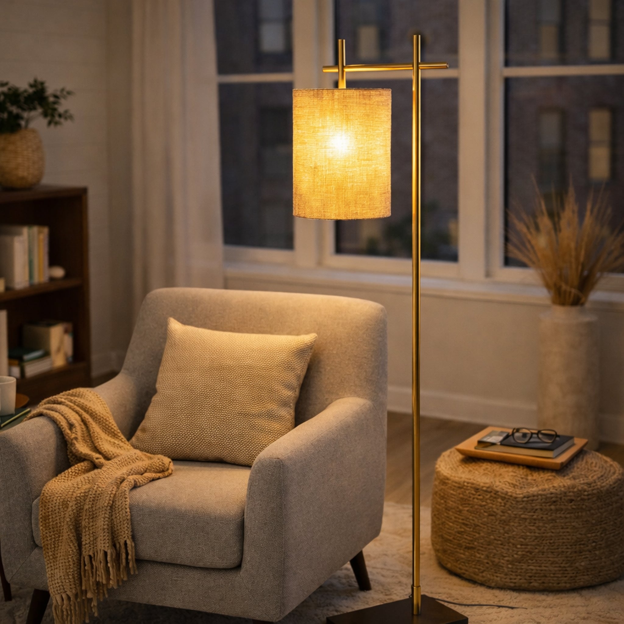 Comet 60" Bamboo Floor Lamp in Dark Brown Rubberwood and Bronze | MidinMod