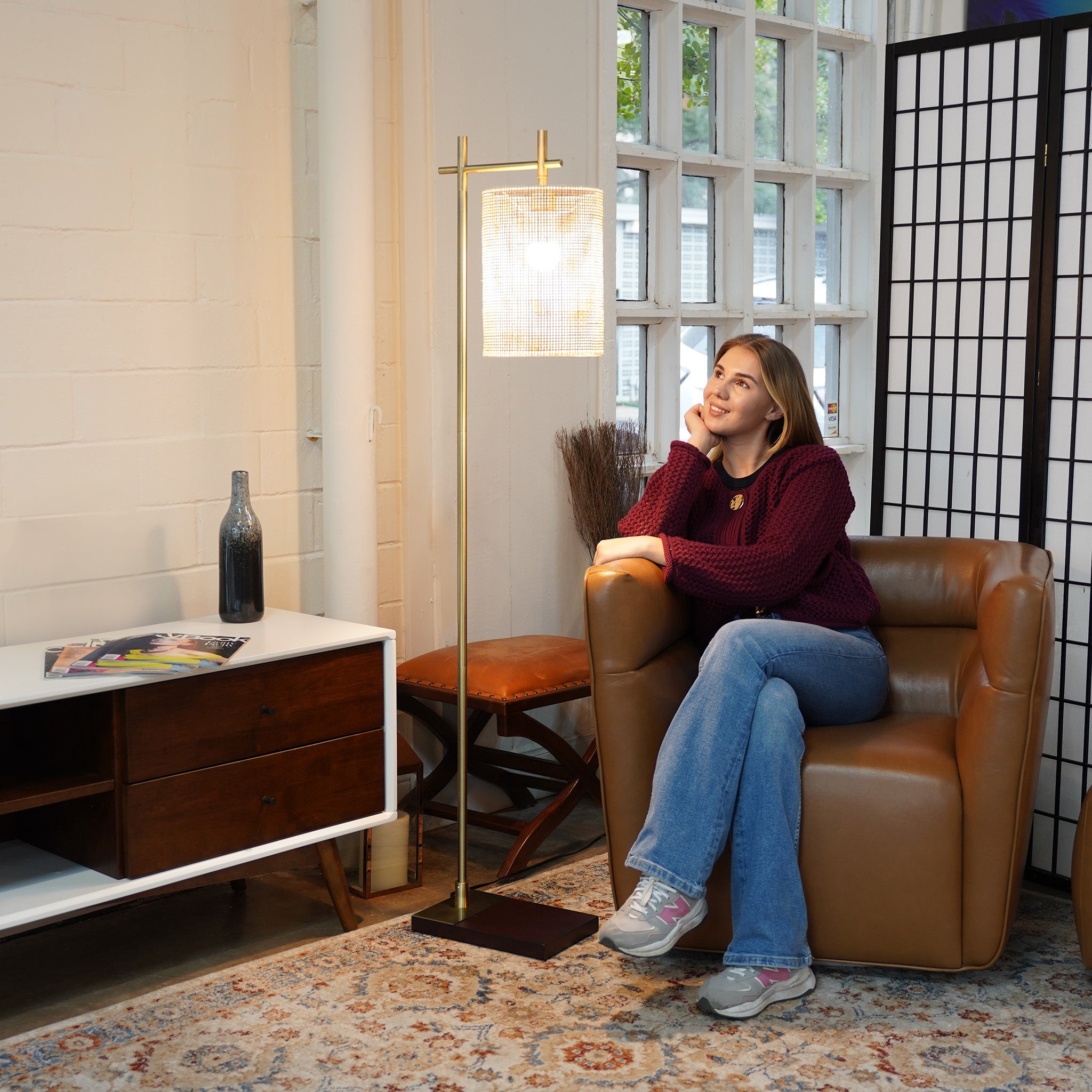 Comet Bamboo Lampshade Floor Lamp - Dark Brown + Bronze