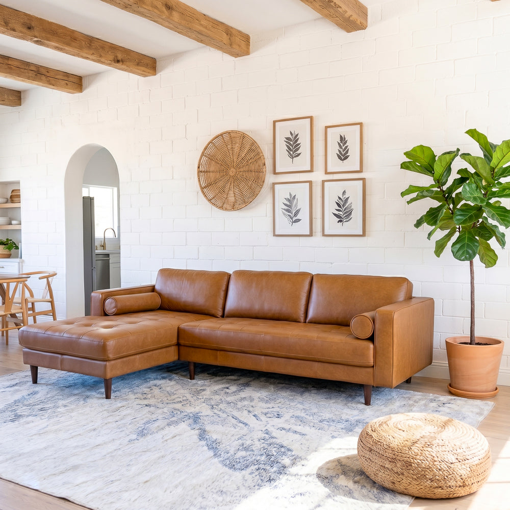 Daphne Mid-Century Style Tan Genuine Leather Left-Facing Sectional Sofa | MidinMod