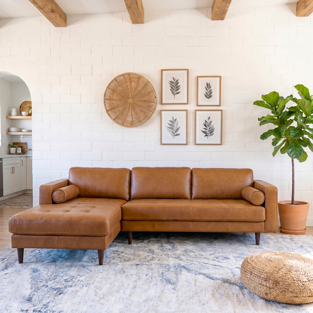 Daphne Mid-Century Style Tan Genuine Leather Left-Facing Sectional Sofa | MidinMod