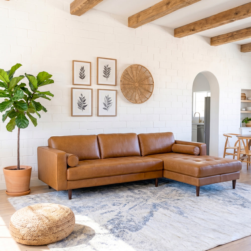 Daphne Mid-Century Style Tan Genuine Leather Right-Facing Sectional Sofa | MidinMod