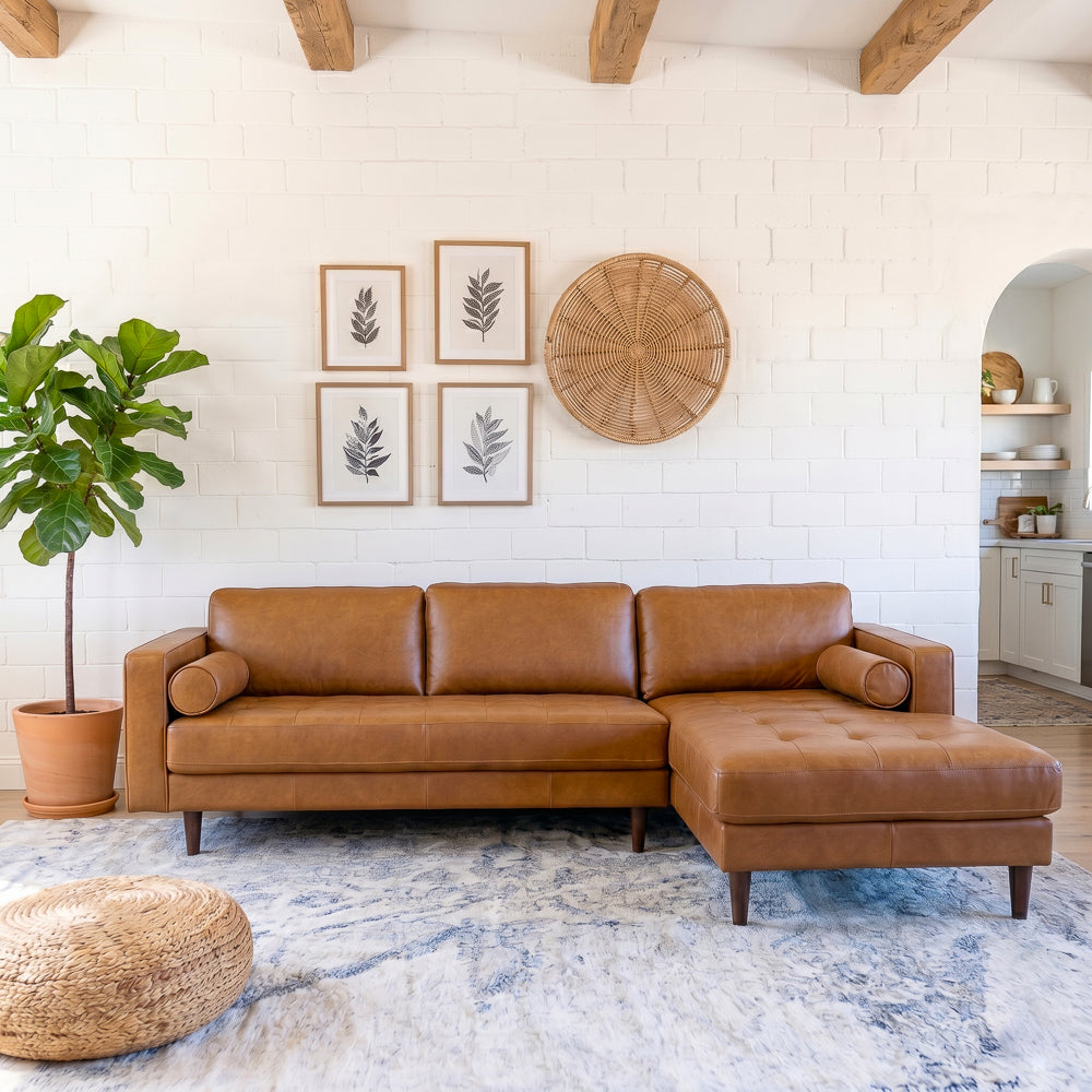 Daphne Mid-Century Style Tan Genuine Leather Right-Facing Sectional Sofa | MidinMod