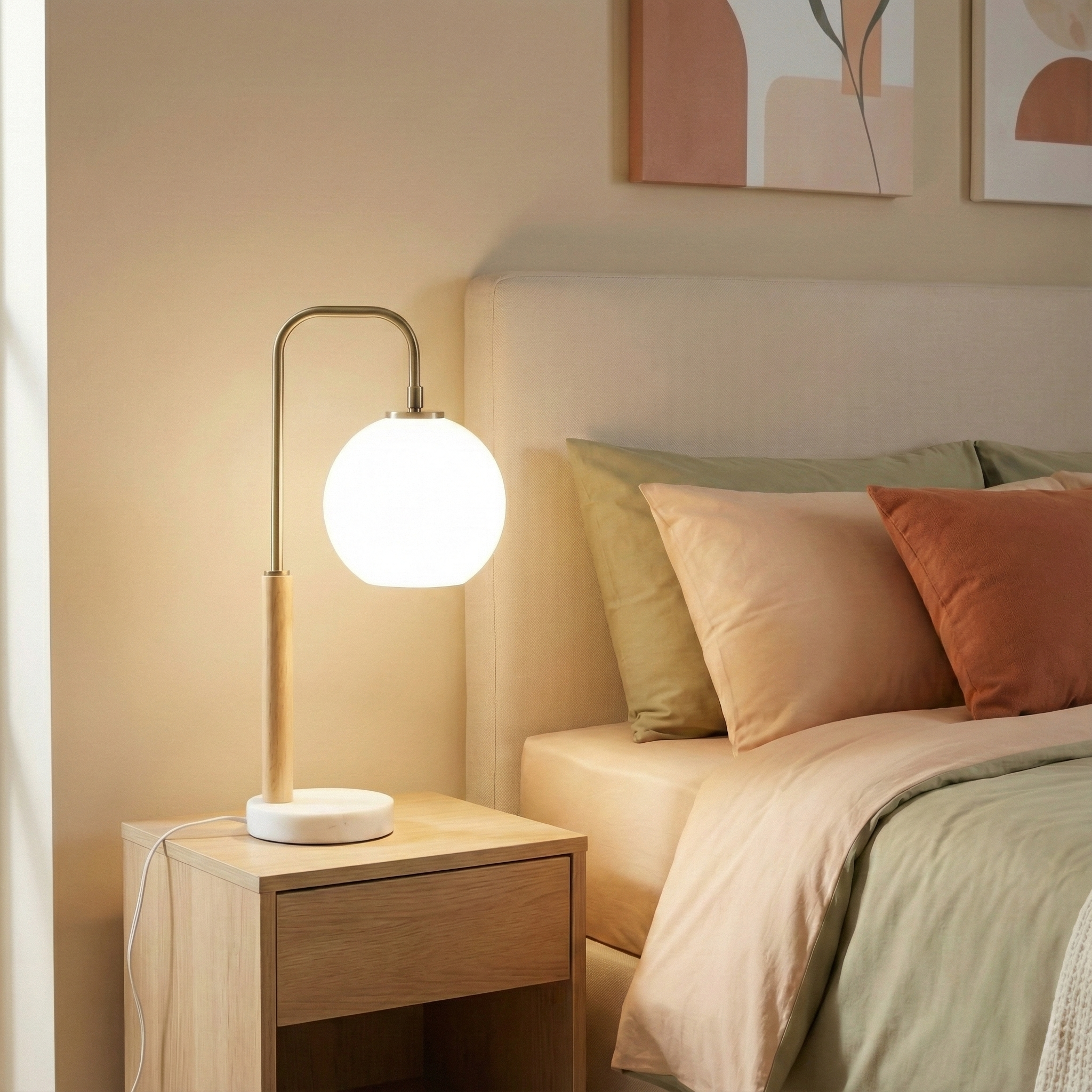 Dione White Globe Lampshade Table Lamp with Marble Base