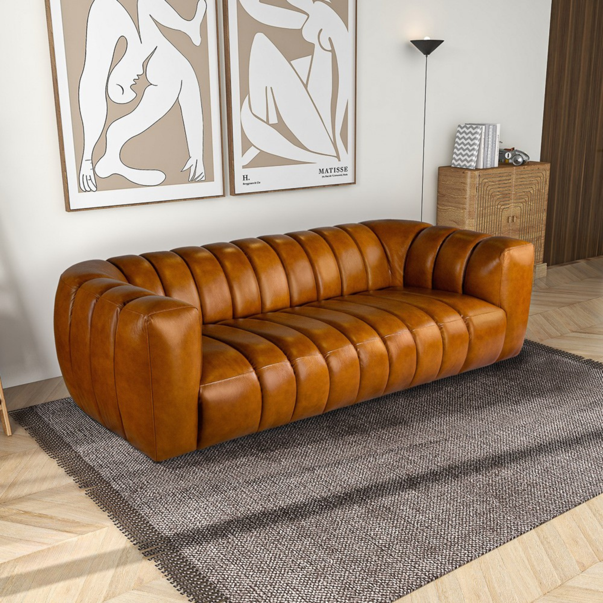 Downey Mid-Century Modern Genuine Cognac Leather Couch - MidinMod