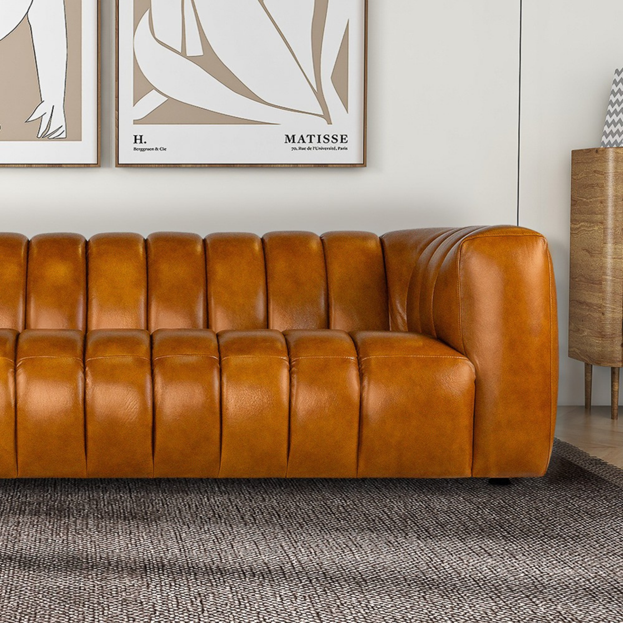 Downey Mid-Century Modern Genuine Cognac Leather Couch - MidinMod