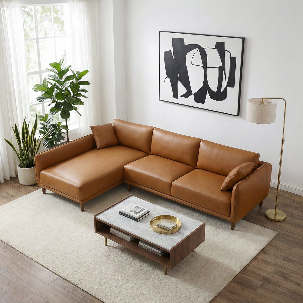 Draper Sectional Left - Cognac Vegan Leather | MidinMod