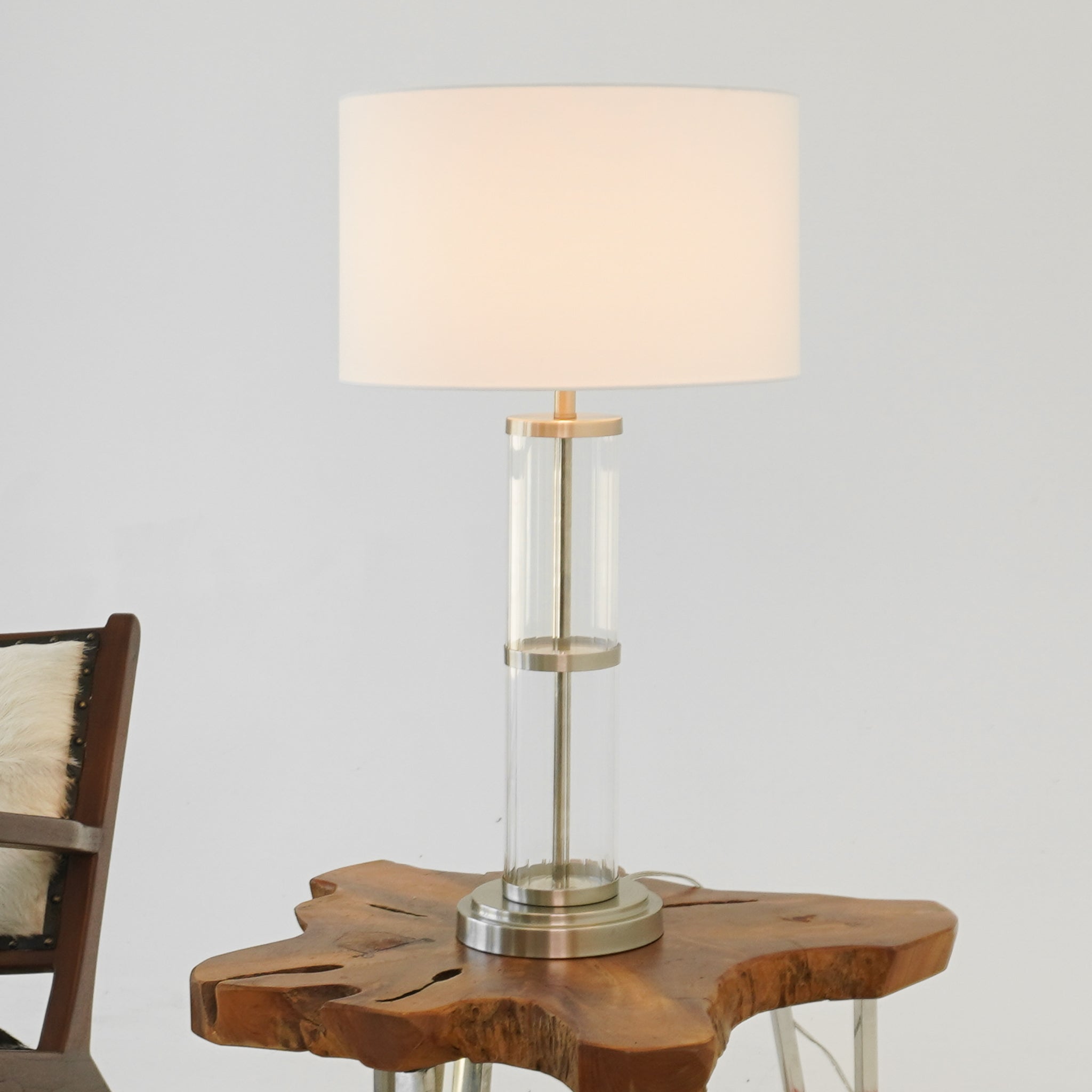 Echo Brushed Nickel Table Lamp with On/Off Switch Clear Glass Body Metal Base