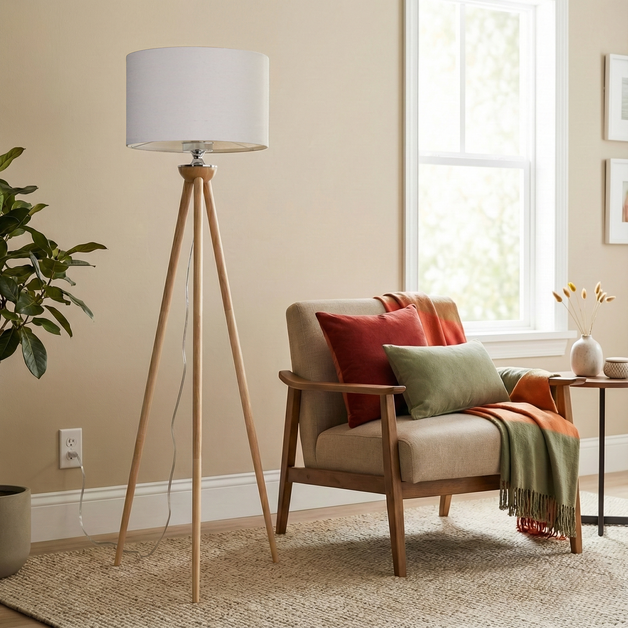 Eclipse Three-Legged Natural Solid Wood Floor Lamp with Faux Linen Shade | MidinMod