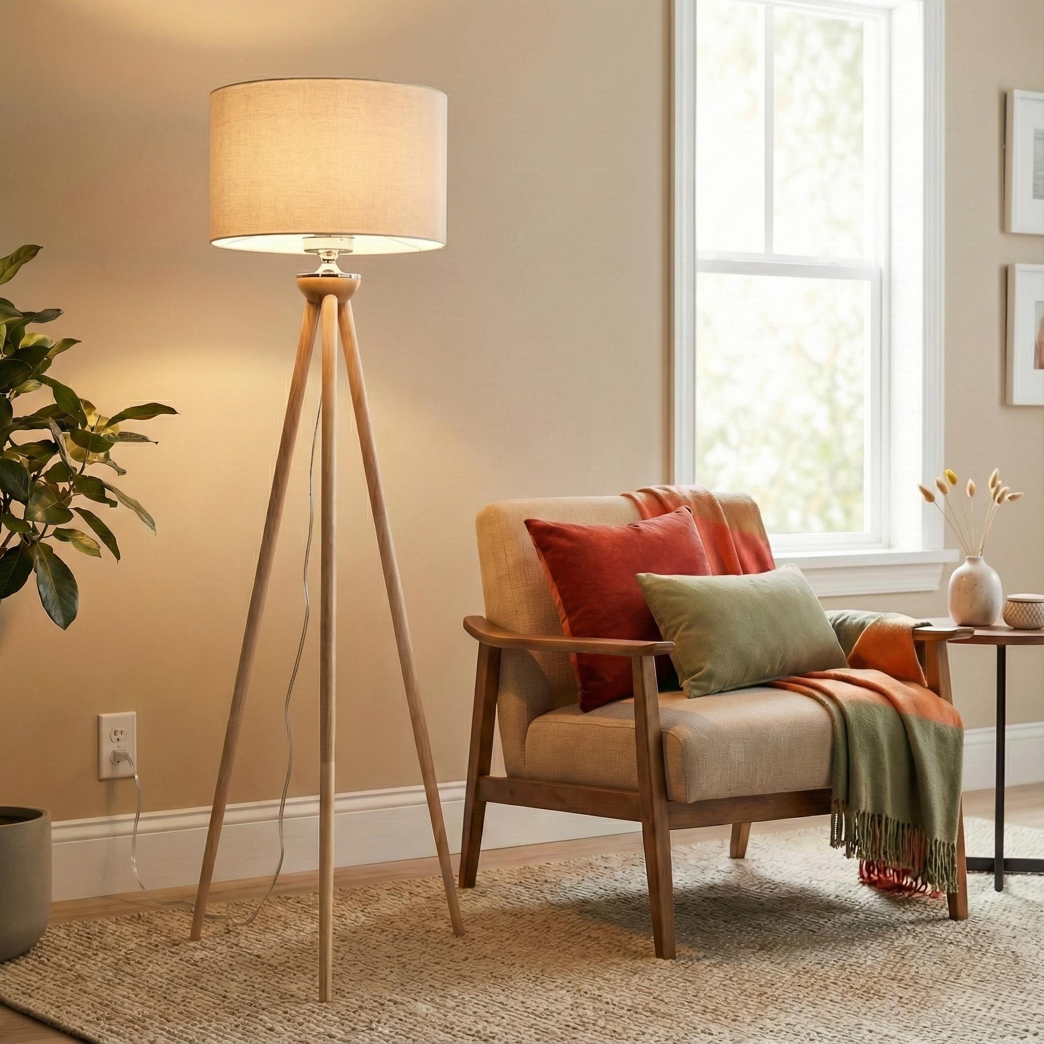 Eclipse Three-Legged Natural Solid Wood Floor Lamp with Faux Linen Shade | MidinMod
