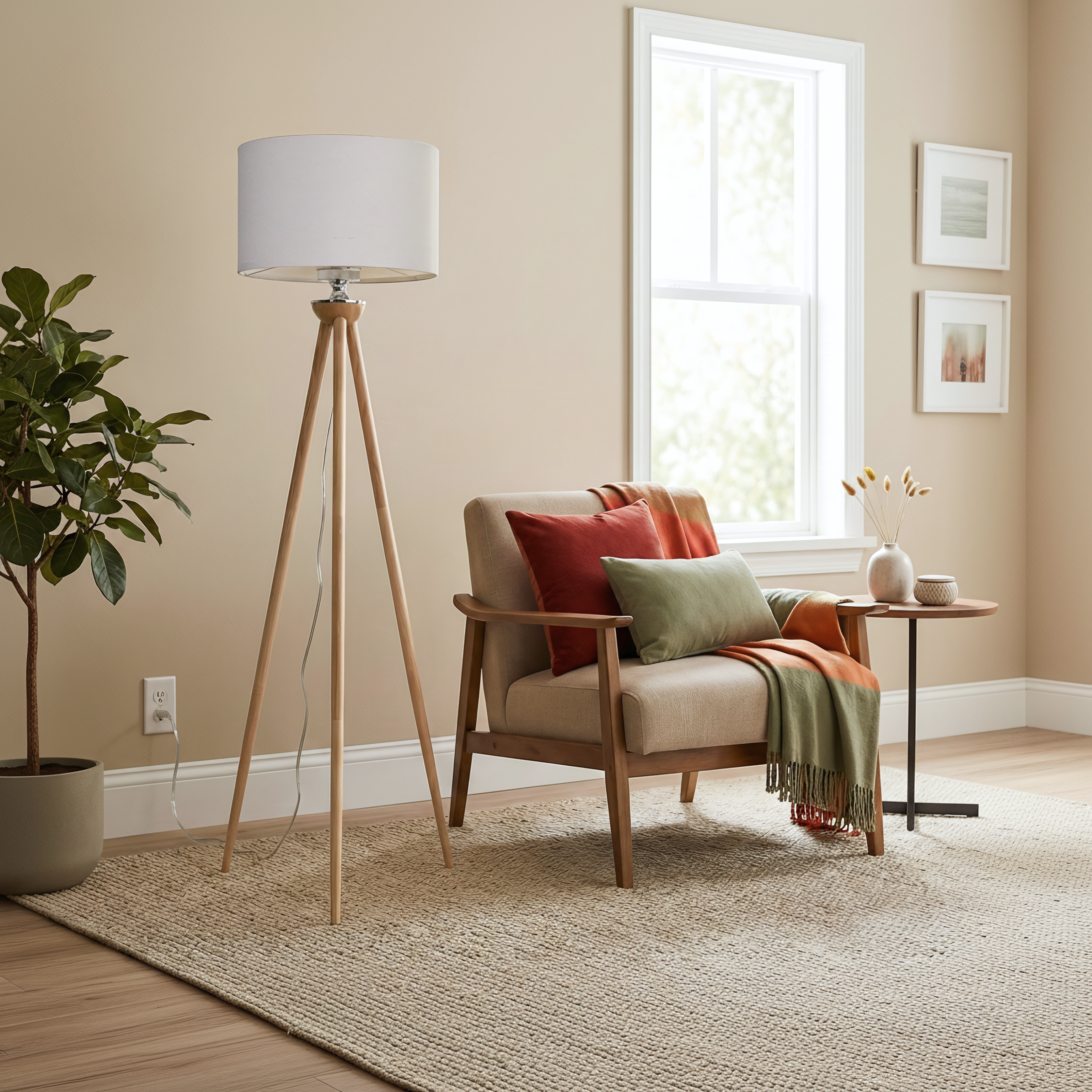 Eclipse Three-Legged Natural Solid Wood Floor Lamp with Faux Linen Shade | MidinMod