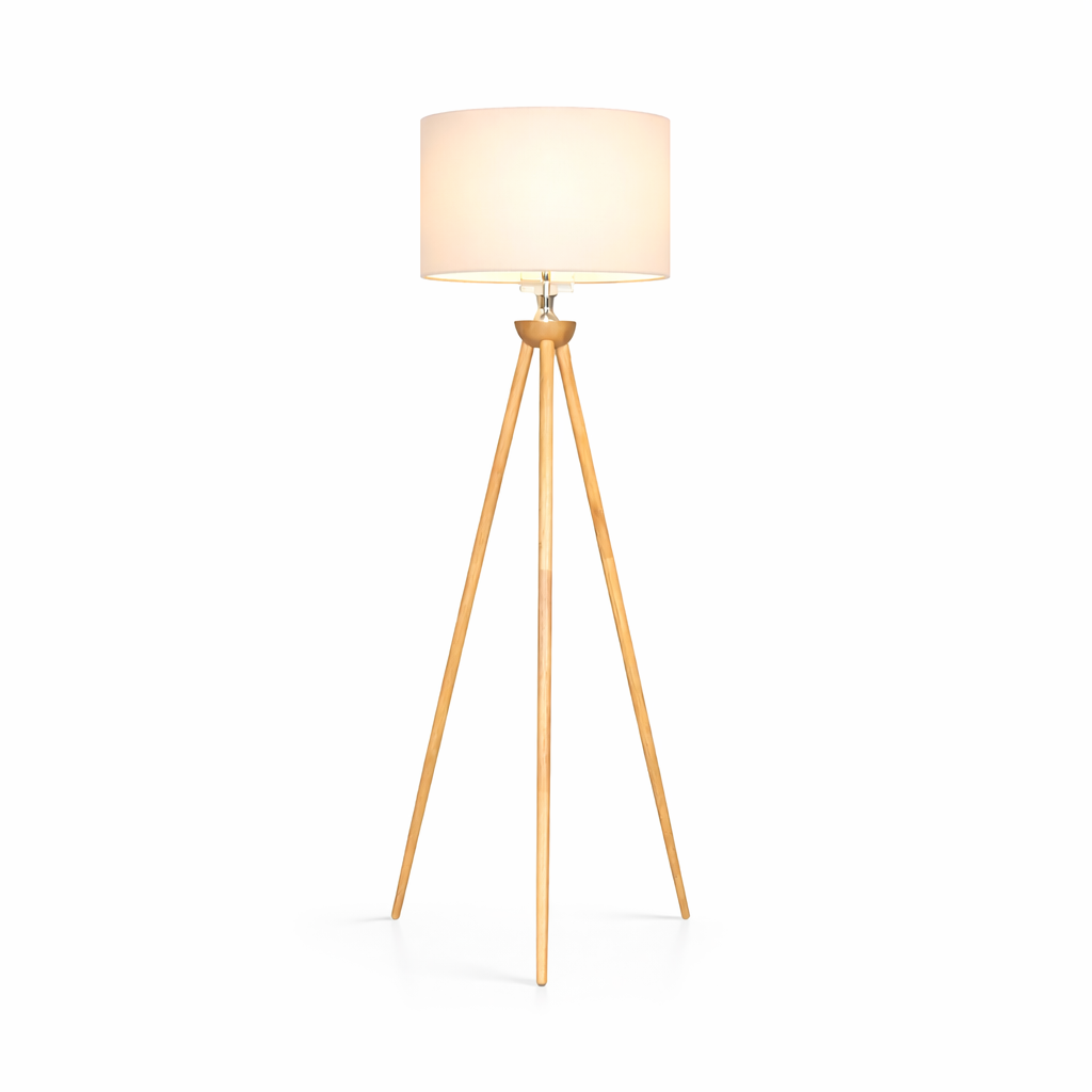 Eclipse Three-Legged Natural Solid Wood Floor Lamp with Faux Linen Shade | MidinMod