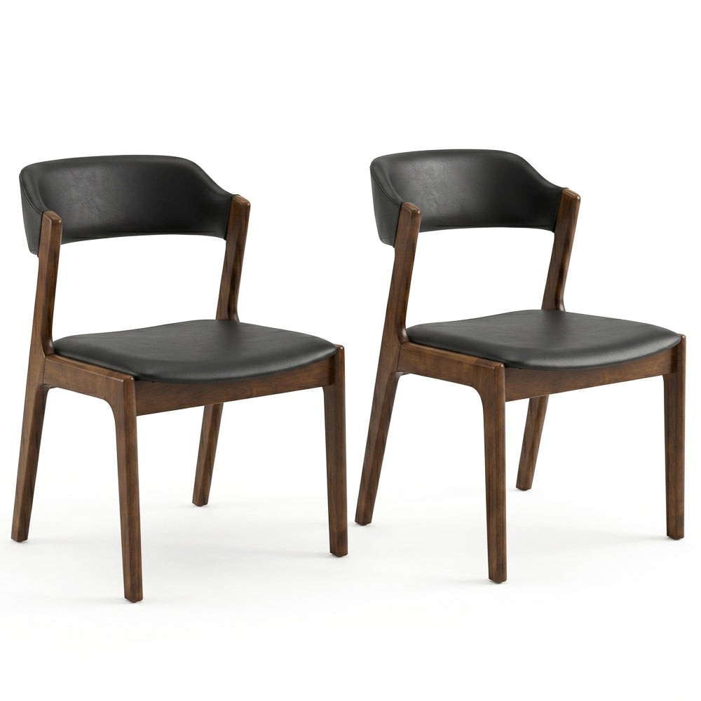 Elsa Mid-Century Modern Dining Chair Set | Black Vegan Leather & Solid Wood | MidinMod