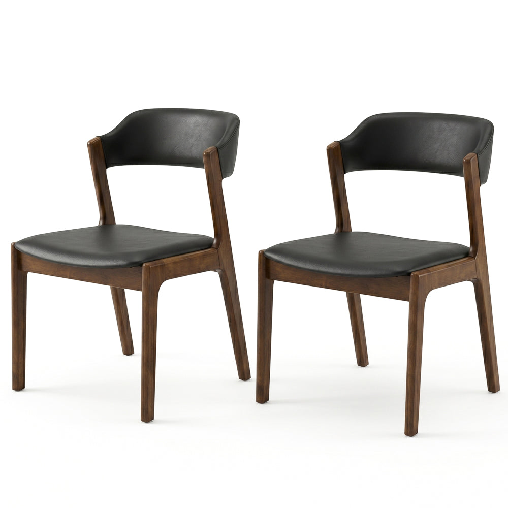 Elsa Mid-Century Modern Dining Chair Set | Black Vegan Leather & Solid Wood | MidinMod