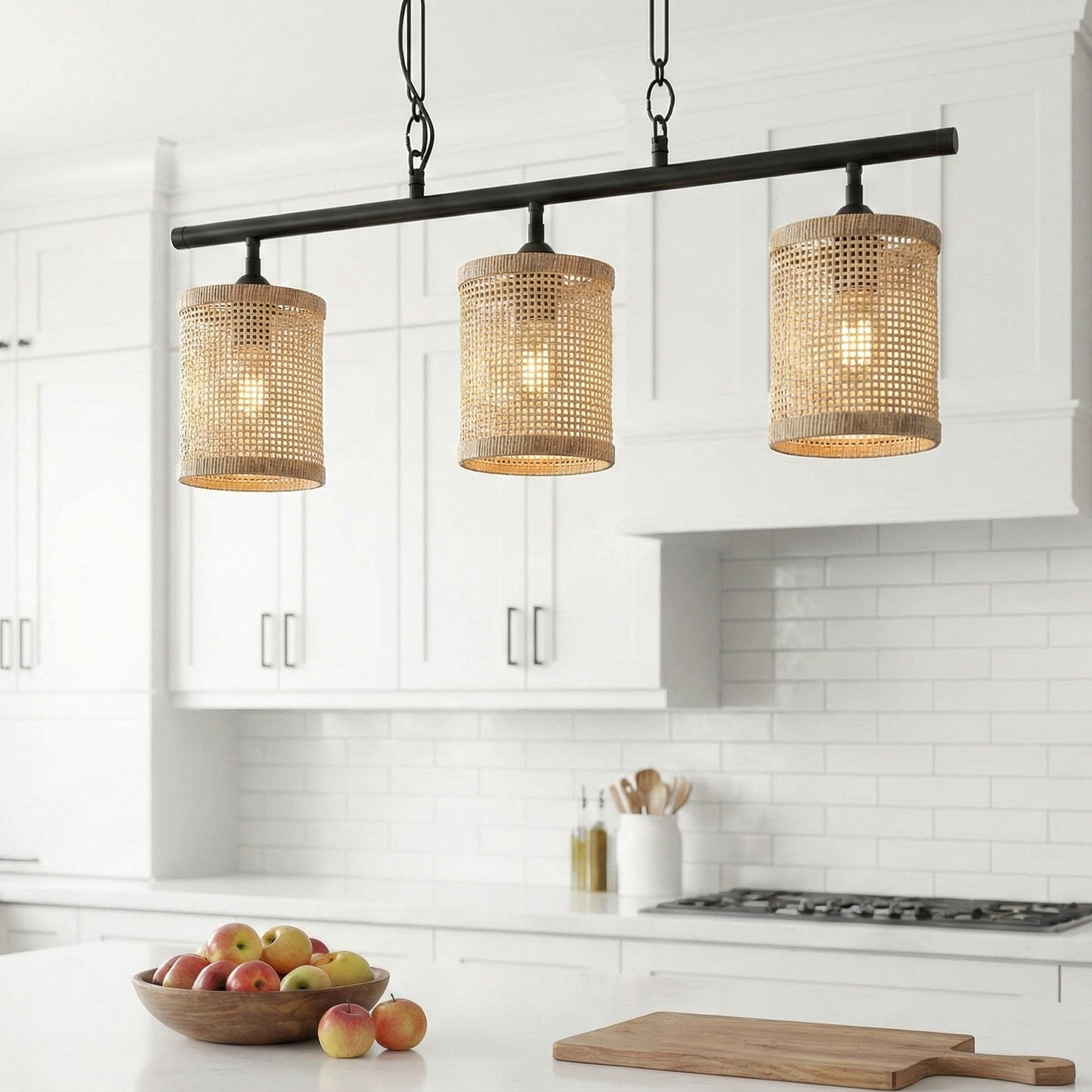 Elysian 3-Light Island Pendant with Natural Rattan Shade and Farmhouse Chain | MidinMod