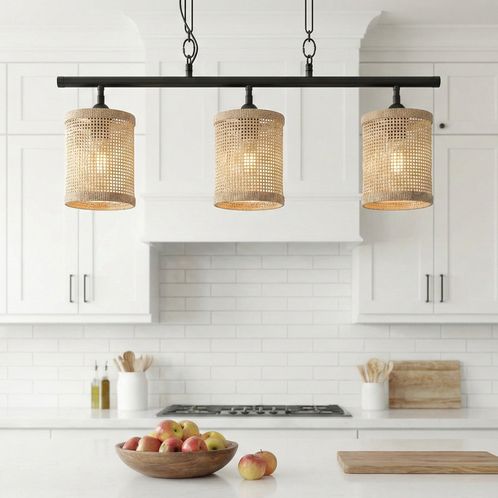 Elysian 3-Light Island Pendant with Natural Rattan Shade and Farmhouse Chain | MidinMod