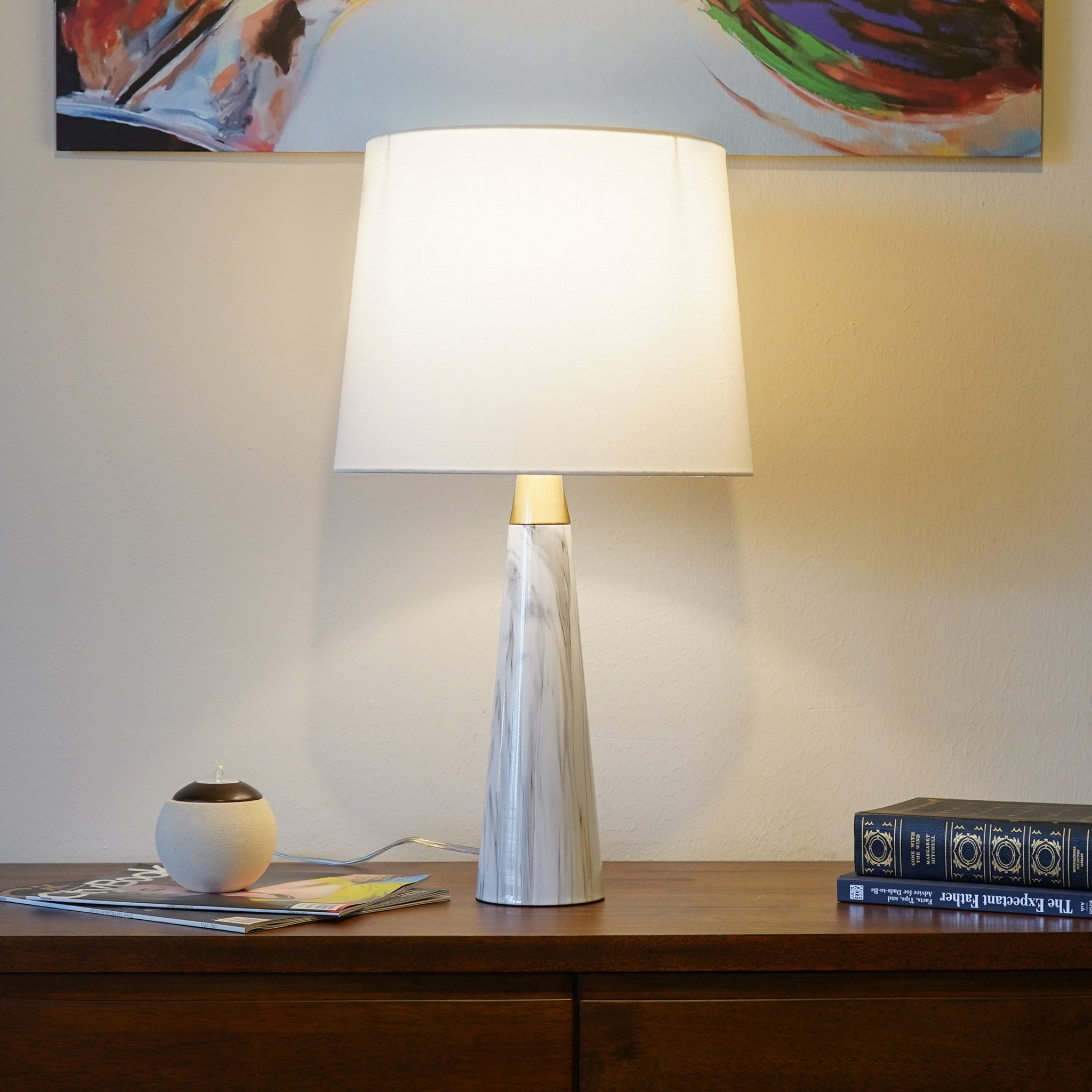 Enclave Table Lamp with On/Off Switch Faux Marble Base Fabric Shade (Hydro Black)