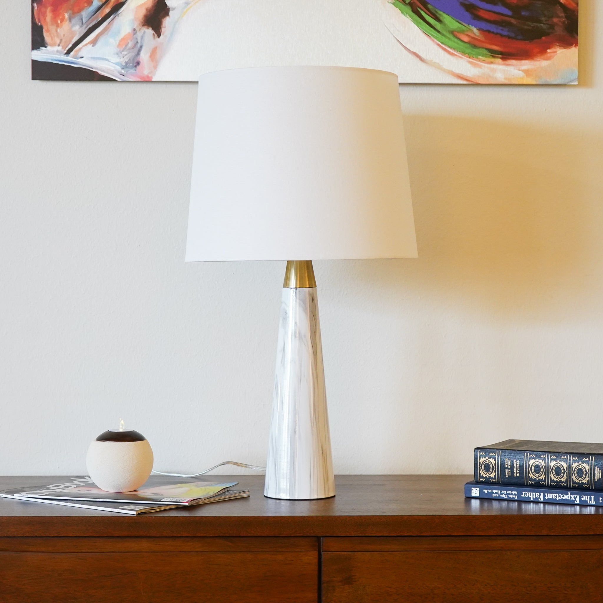 Enclave Table Lamp with On/Off Switch Faux Marble Base Fabric Shade (Hydro Black)