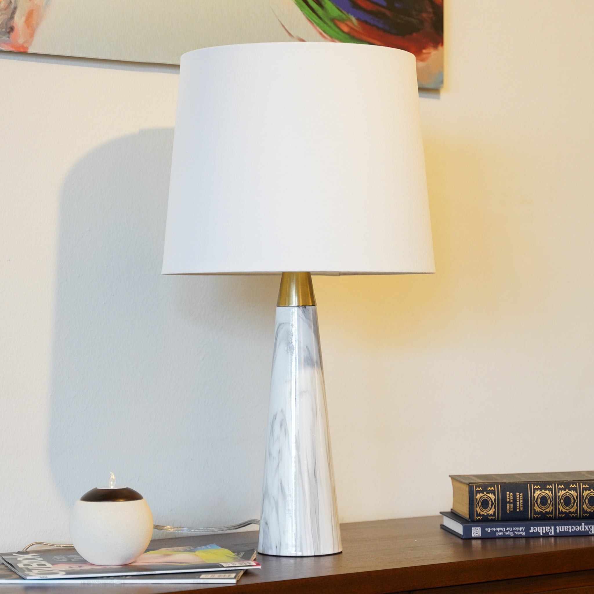 Enclave Table Lamp with On/Off Switch Faux Marble Base Fabric Shade (Hydro Black)
