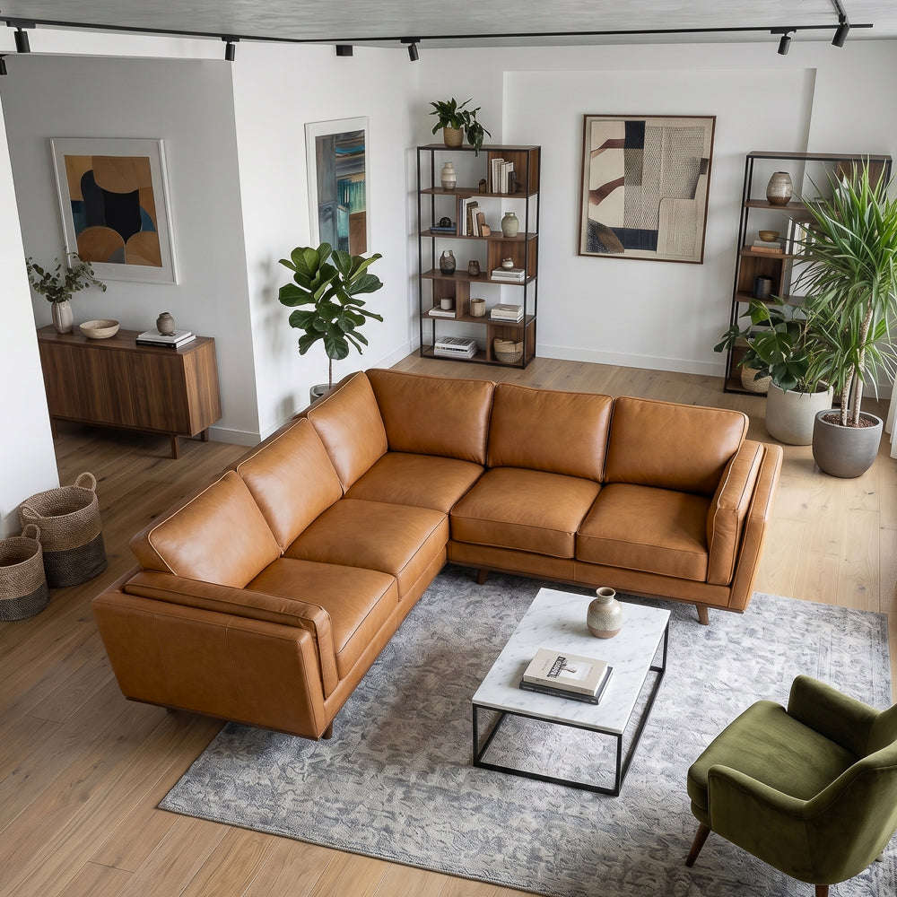 Ernest Mid-Century Modern Genuine Tan Leather Corner Sectional Sofa | MidinMod