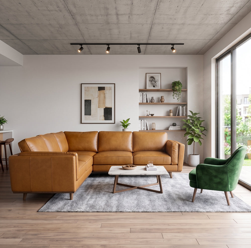 Ernest Mid-Century Modern Genuine Tan Leather Corner Sectional Sofa | MidinMod