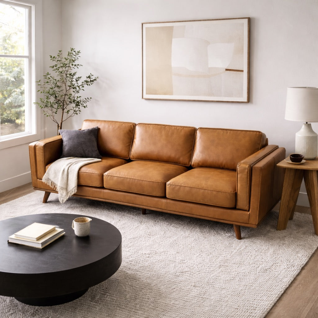 Ferre Mid-Century Modern Genuine Tan Leather Sofa - MidinMod
