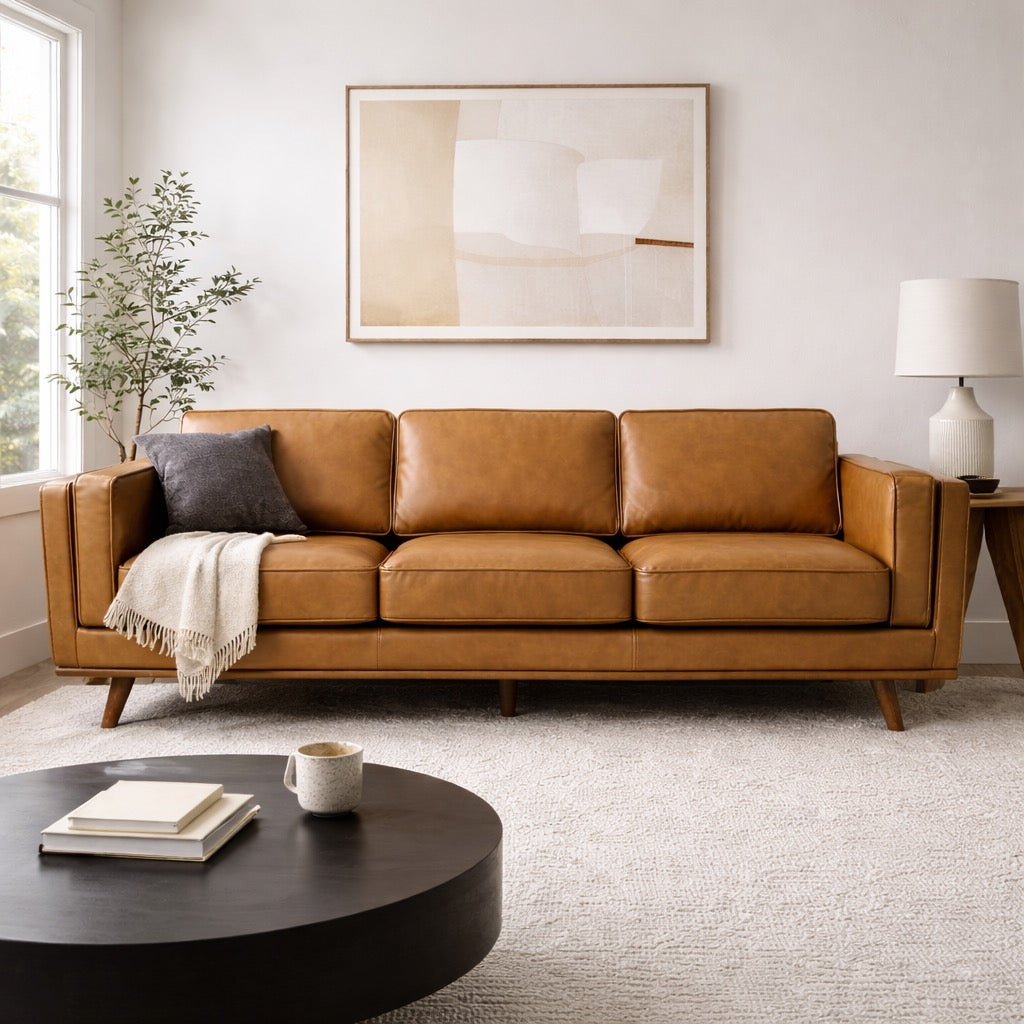 Ferre Mid-Century Modern Genuine Tan Leather Sofa - MidinMod