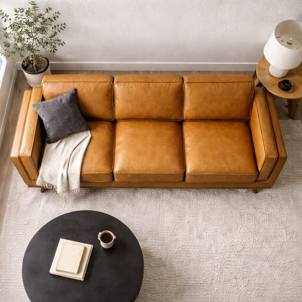Ferre Mid-Century Modern Genuine Tan Leather Sofa - MidinMod