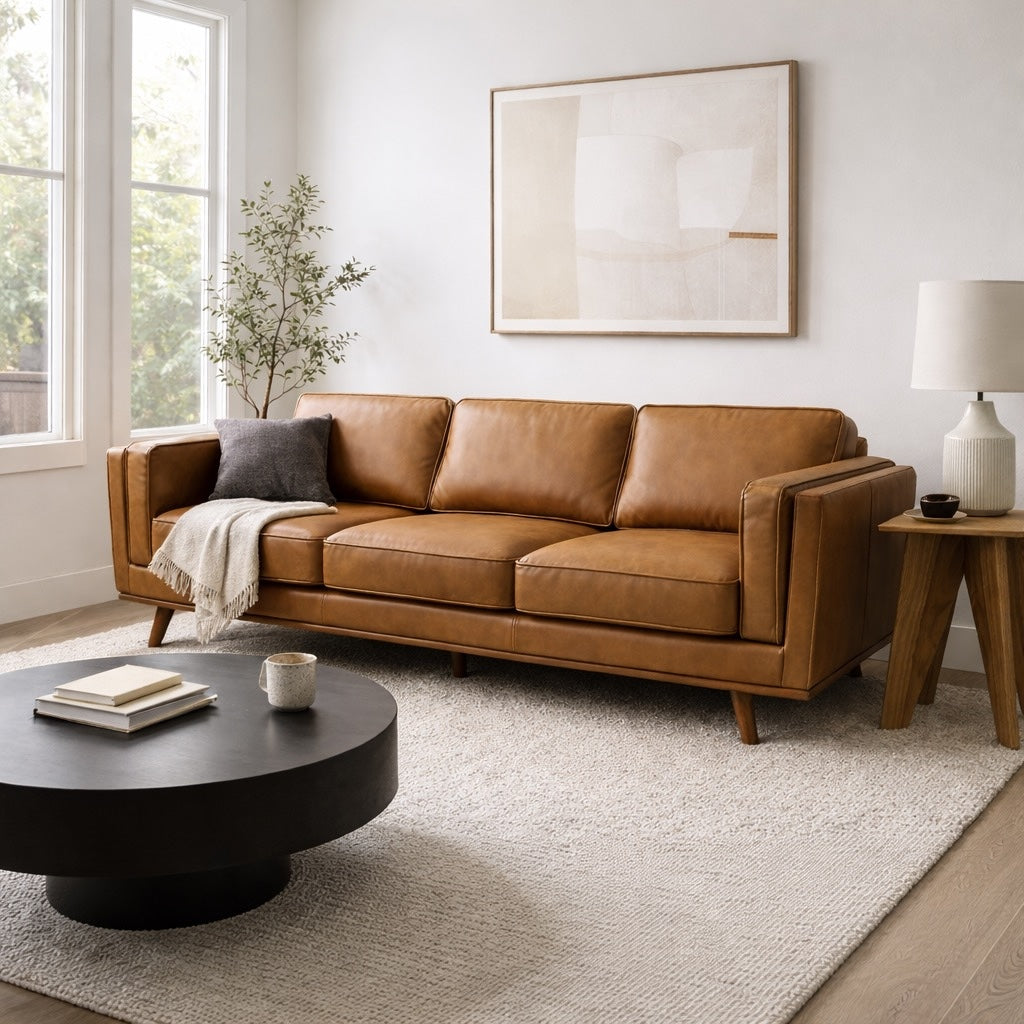 Ferre Mid-Century Modern Genuine Tan Leather Sofa - MidinMod