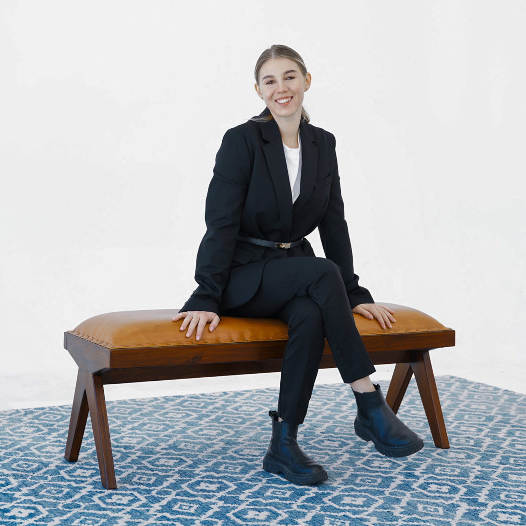 Finley Mid-Century Modern Mindi Wood & Genuine Leather Bench | Hand-Crafted Seating | MidinMod