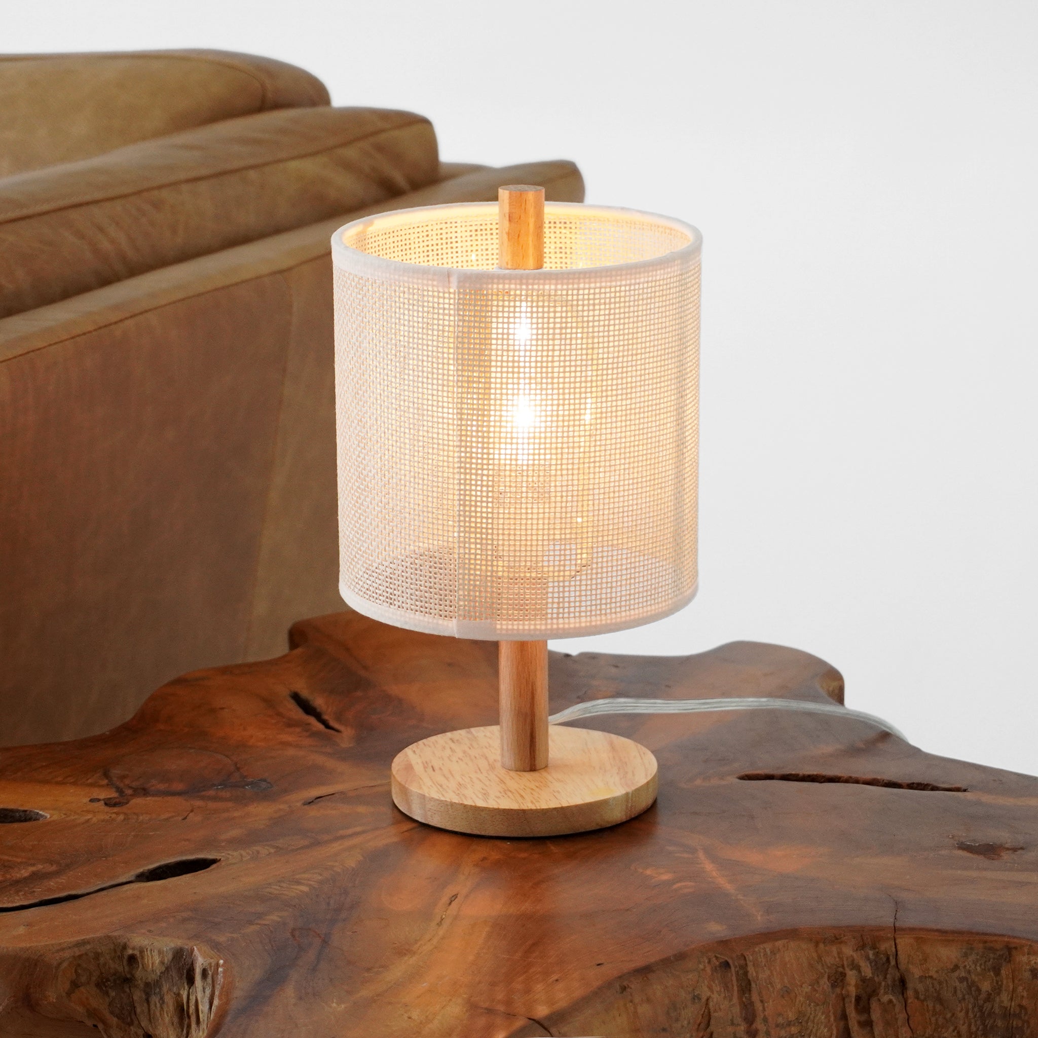 Flicker Table Lamp, Natural Oak Wooden Base with Polyester Shade