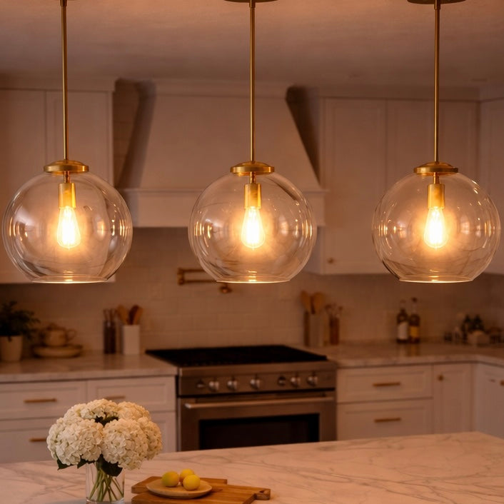 Gleam Single Light Pendant Lamp | Clear Globe Glass & Satin Brass | MidinMod