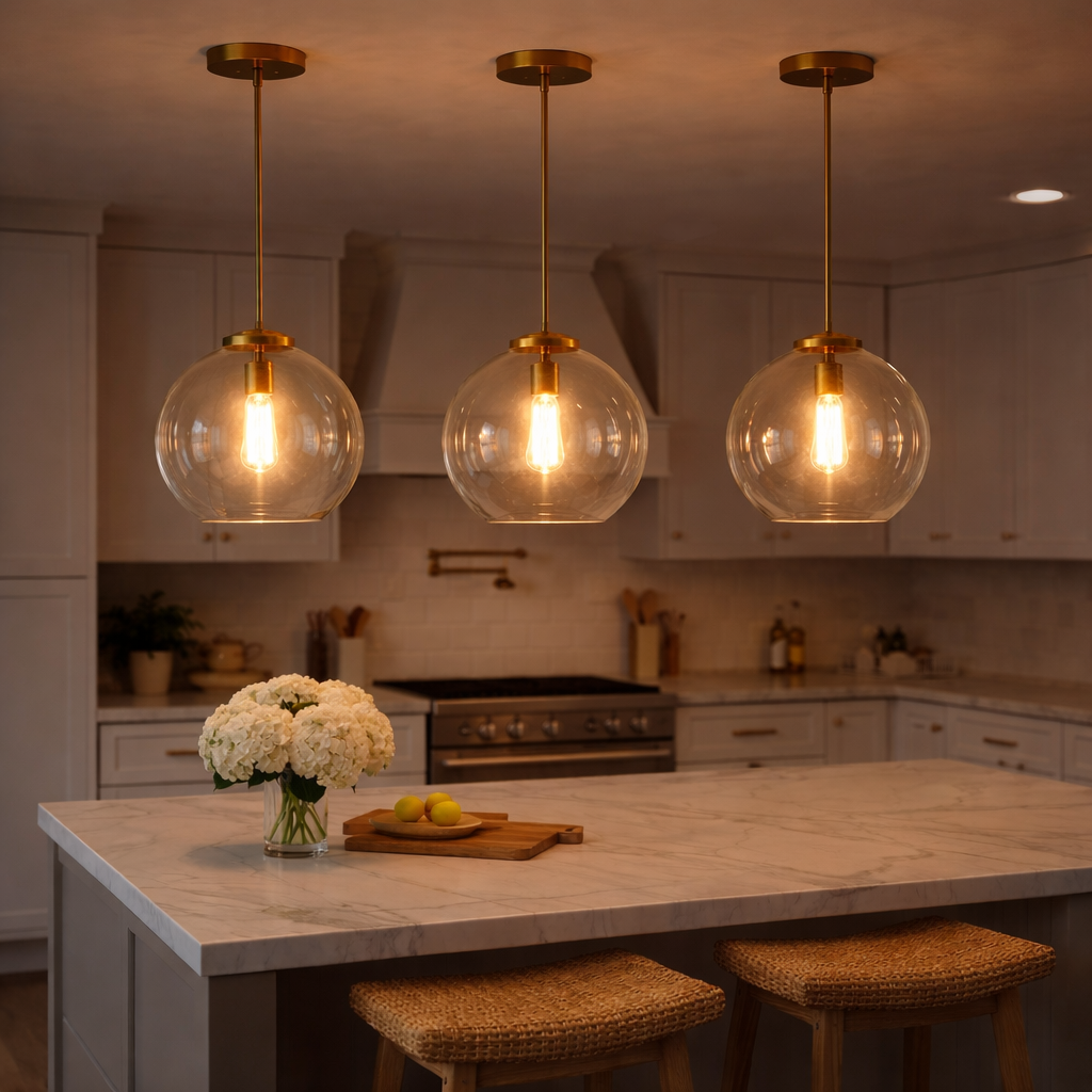 Gleam Single Light Pendant Lamp | Clear Globe Glass & Satin Brass | MidinMod