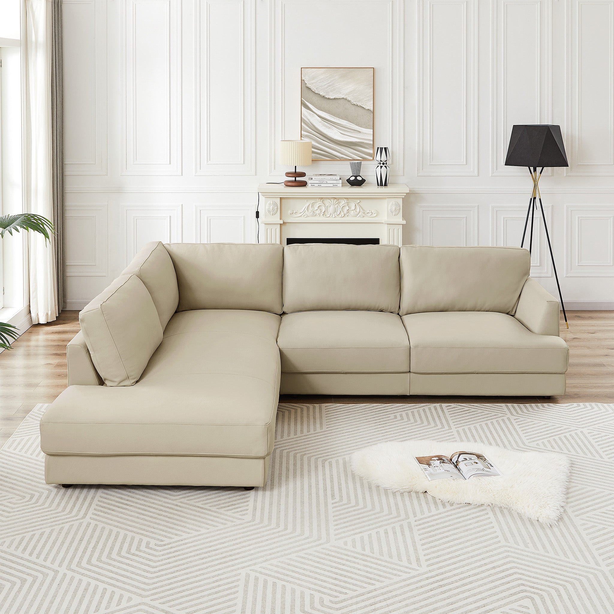 Glendale Cream Real Leather Left-Facing Sectional | MidinMod