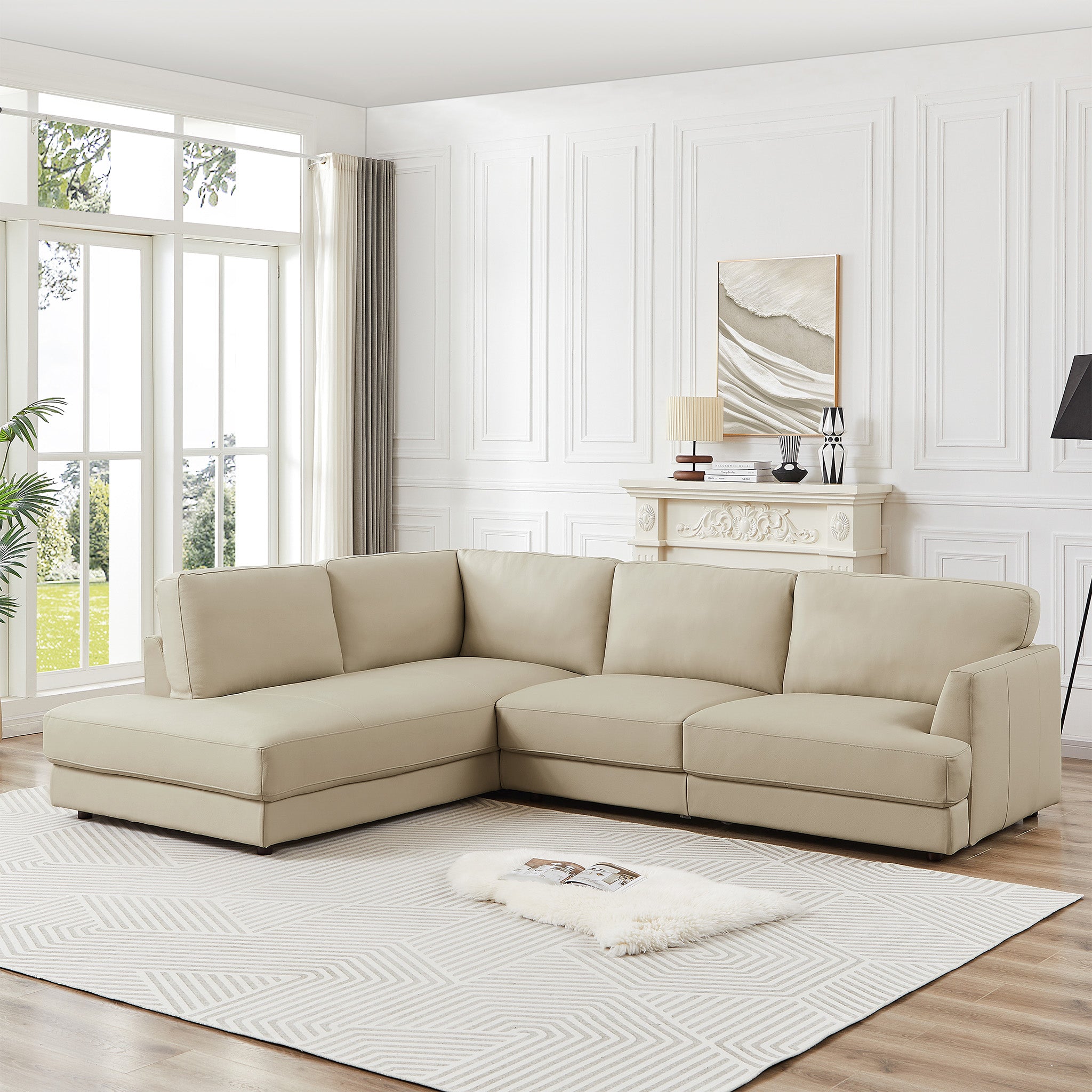 Glendale Cream Real Leather Left-Facing Sectional | MidinMod