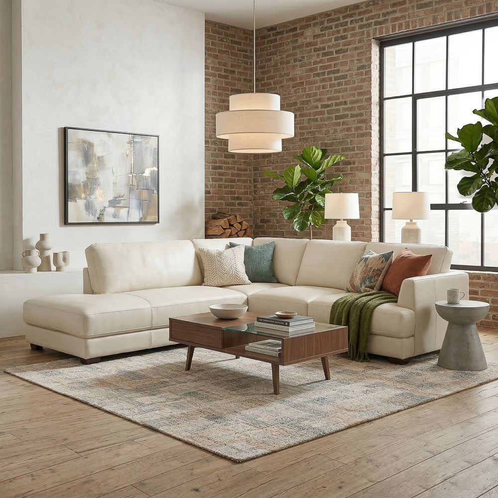 Glendale Modern Cream Top-Grain Leather Sectional Sofa | MidinMod