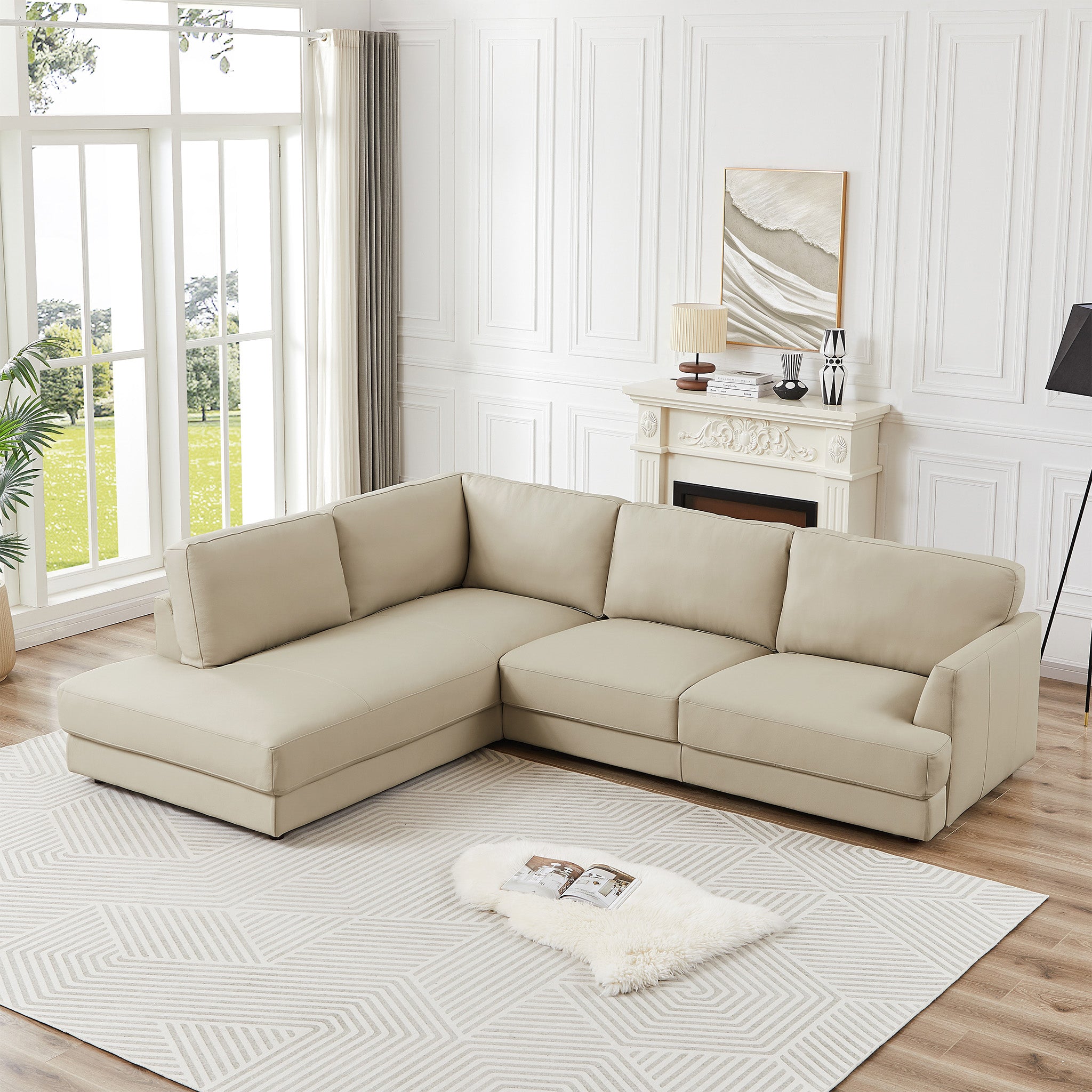 Glendale Cream Real Leather Left-Facing Sectional | MidinMod