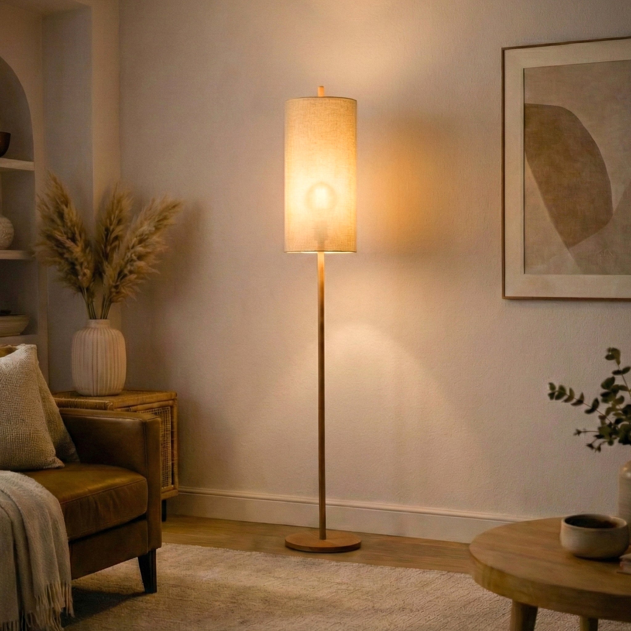 Glimmer Oak and Natural Floor Lamp with Woven Paper Rattan Shade | MidinMod