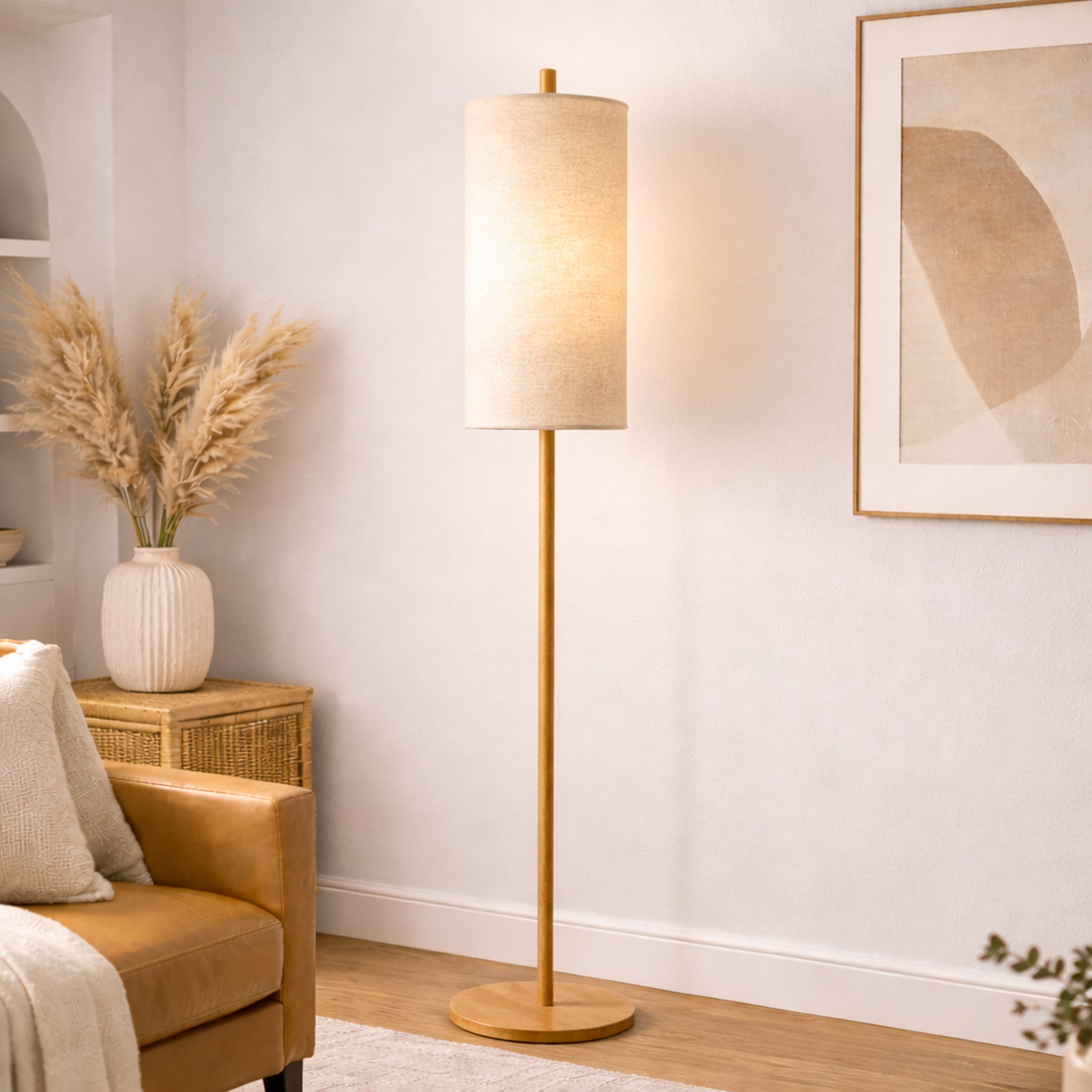 Glimmer Oak and Natural Floor Lamp with Woven Paper Rattan Shade | MidinMod