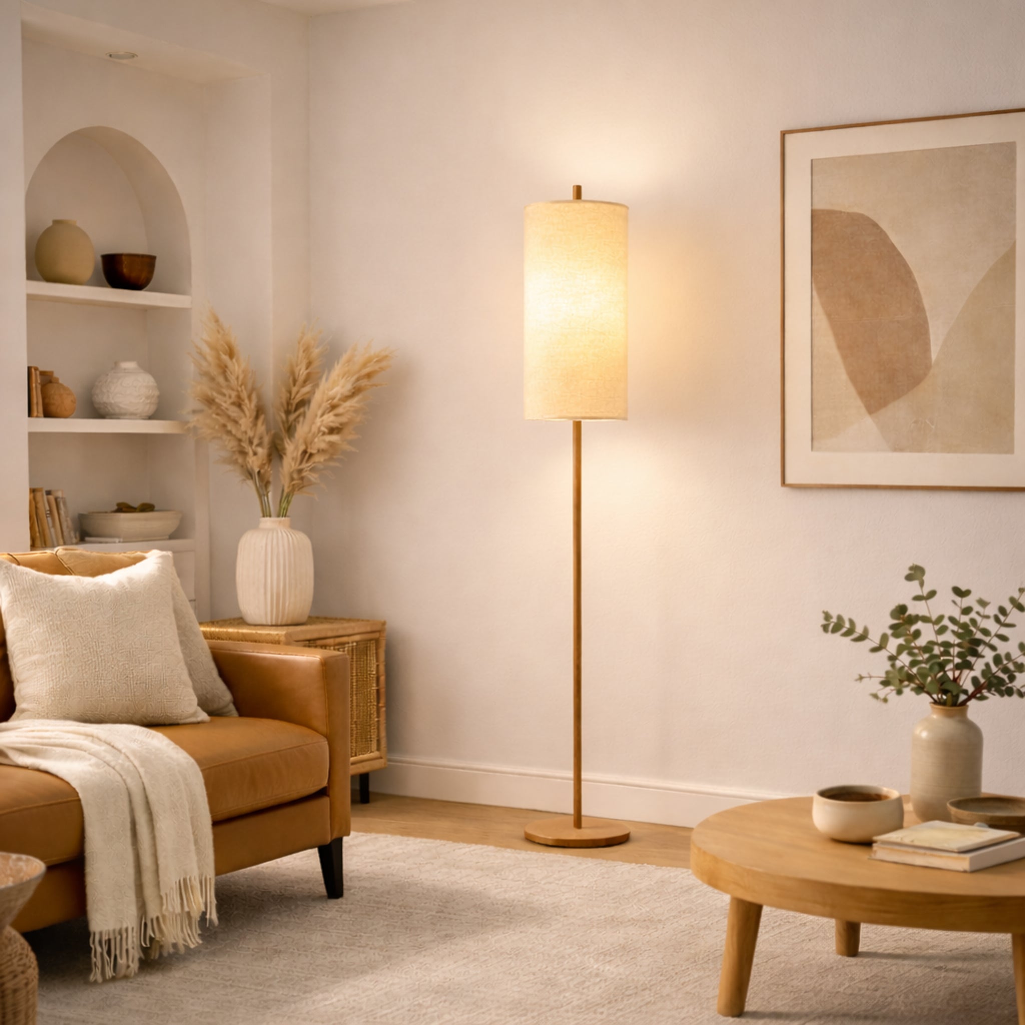 Glimmer Oak and Natural Floor Lamp with Woven Paper Rattan Shade | MidinMod