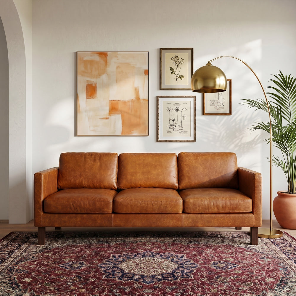 Granada Leather Sofa | Waxy Cognac Genuine Leather & Dark Walnut Base | MidinMod
