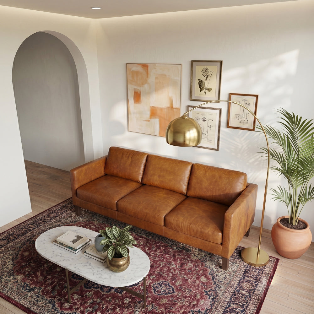 Granada Leather Sofa | Waxy Cognac Genuine Leather & Dark Walnut Base | MidinMod