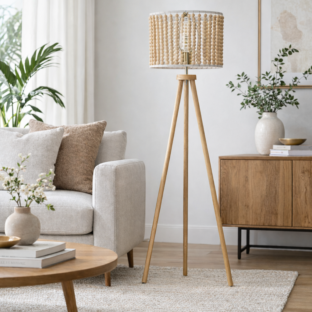 Halo Beaded Three-Legged Natural Wood Floor Lamp with Tripod Base | MidinMod