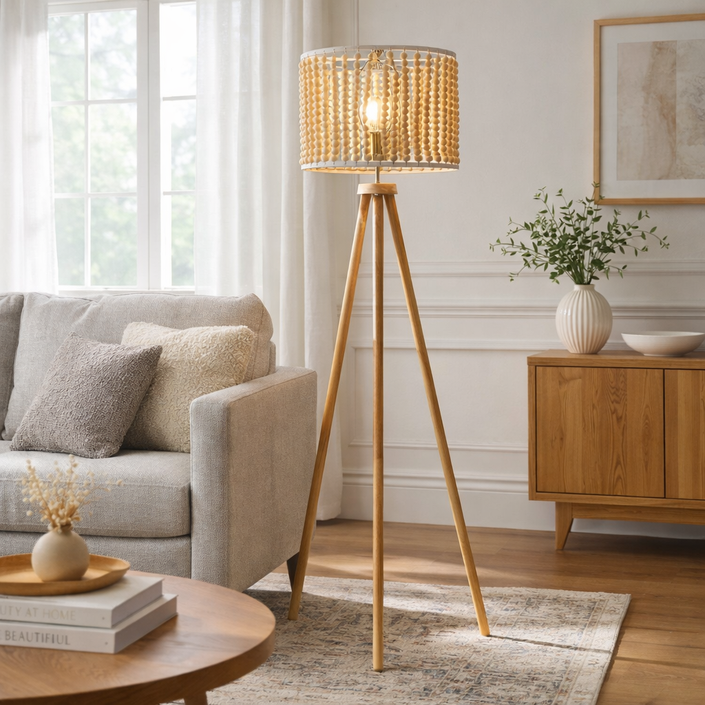 Halo Beaded Three-Legged Natural Wood Floor Lamp with Tripod Base | MidinMod